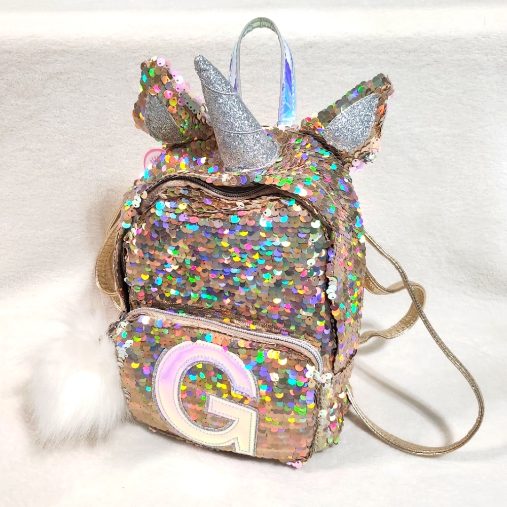 NWT Justice Gold Flip Sequin & Leather Unicorn Mini Backpack Purse, Initial G